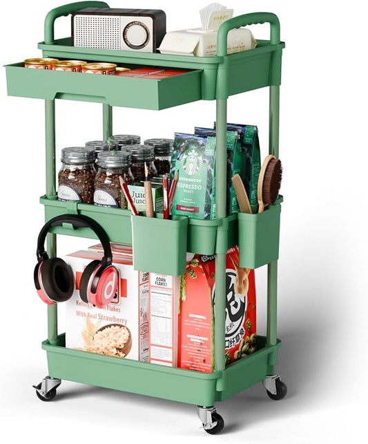 3 Tier Small Rolling Cart Organizer,Laundry Room Bathroom Organizers and Storage Office Shelves Mobile Shelving Unit Kitchen Trolley Cart with Wheels for Art,Craft,Diaper,Bedside,Snack(Green) - LeafyLoom