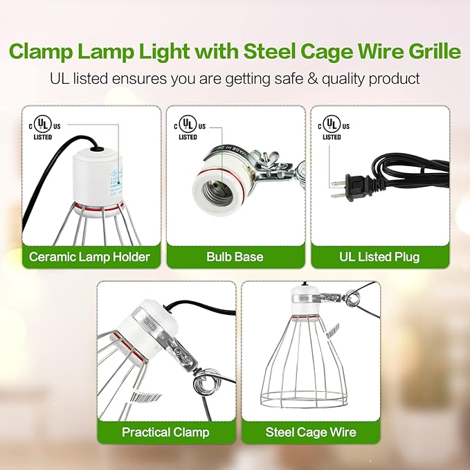 Simple Deluxe Clamp Lamp Light with Steel Cage Wire Grillup to 250W E26 Socket (No Bulb Included), 6' Cord, 2 Pack - LeafyLoom