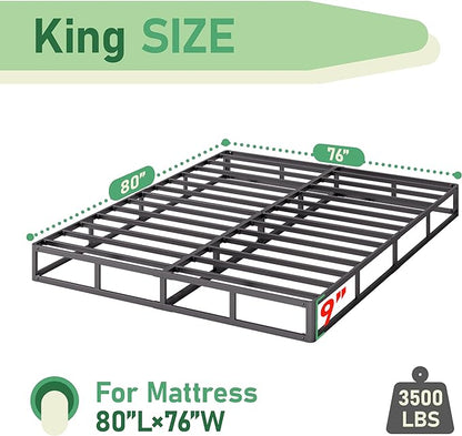 King Bed Frame, 9 Inch High Metal Box Spring with More Steel Slats Support, Sturdy Platform Bedframe Low to Floor, 3500 Lbs Weight Capacity Heavy Duty Mattress Base, Easy Assembly, Black - LeafyLoom