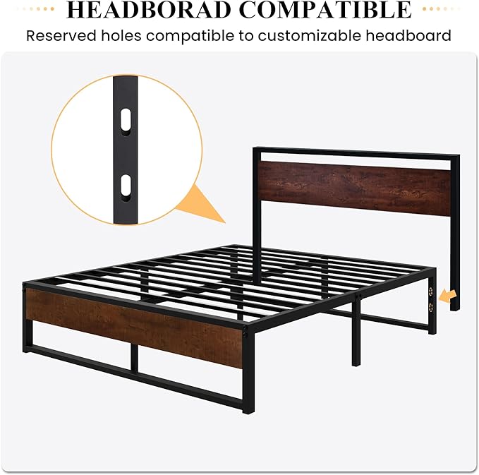 SHA CERLIN 14'' Full Size Metal Platform Bed Frame with Rustic Wood & Reverse Holes/Ample Under-Bed Storage Space/Mattress Foundation/No Box Spring Needed/Easy Assembly - LeafyLoom