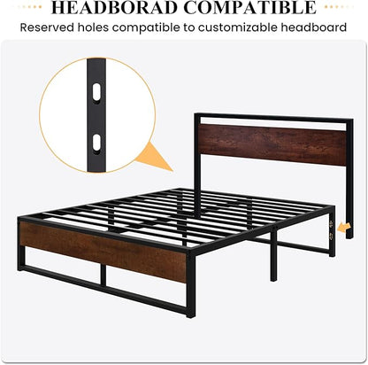 SHA CERLIN 14'' Full Size Metal Platform Bed Frame with Rustic Wood & Reverse Holes/Ample Under-Bed Storage Space/Mattress Foundation/No Box Spring Needed/Easy Assembly - LeafyLoom