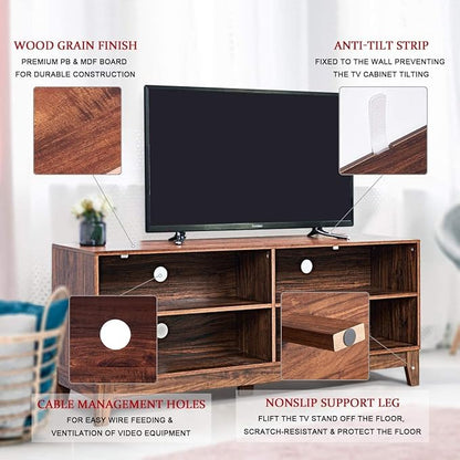 LUARANE TV Stand for TVs, up to 55 65 Inch, Console Table Cabinet MDF Storage Console, with 4 Open Storage Shelves, 4 Cord Management Holes, for Living Room and Entertainment Room (Dark-brown) - LeafyLoom