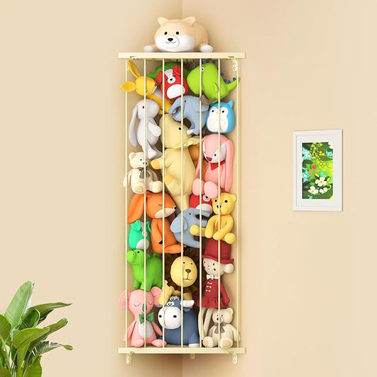 Stuffed Animal Storage Toy Organizer: Corner Stuff Animals Holder for Wall with Adjustable Length - Kids Plush Toys Storage for Nursery Playroom Bedroom Kids Room(Beige) - LeafyLoom