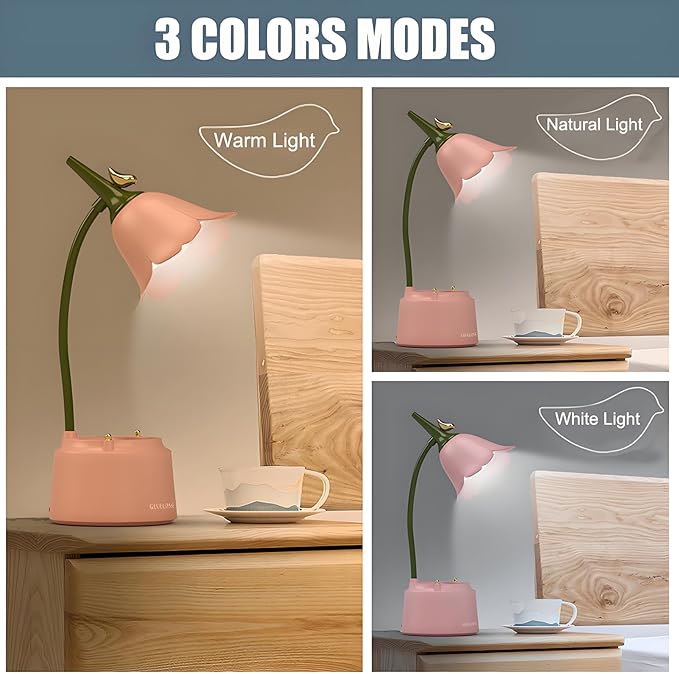 Cute LED Desk Lamp Kawaii Desk Accessories, Flower Bird Table lamp USB Rechargeable, 3 Color Modes, Stepless Dimming, Touch-Sensitive Switch Kawaii Room Decor Lamp, Eye Caring Reading Lamp (Blue) - LeafyLoom