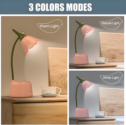 Cute LED Desk Lamp Kawaii Desk Accessories, Flower Bird Table lamp USB Rechargeable, 3 Color Modes, Stepless Dimming, Touch-Sensitive Switch Kawaii Room Decor Lamp, Eye Caring Reading Lamp (Blue) - LeafyLoom