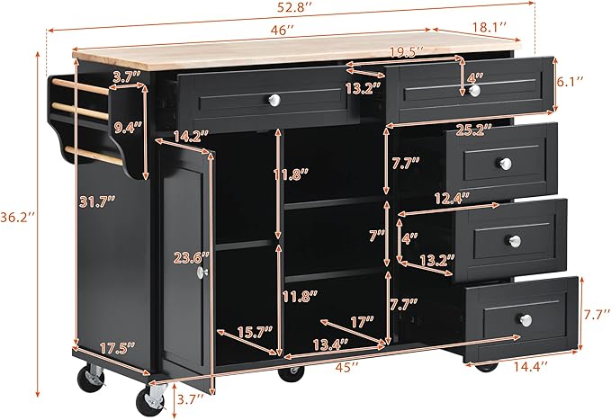 Island with Storage Cabinets, Rolling Mobile Kitchen-cart with Rubber Wood Desktop and 5 Drawers & Open Shelves, Sideboard for Dining Room, Home Bar, Black, 52.8 Inch - LeafyLoom