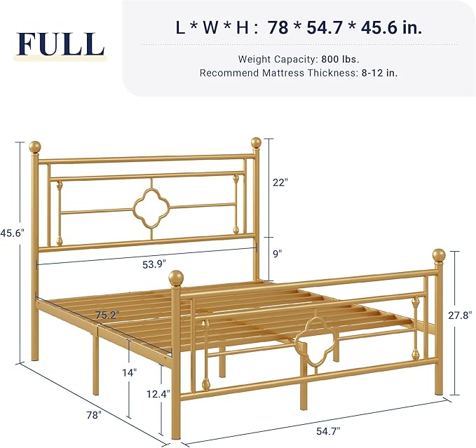 Allewie Full Size Metal Platform Bed Frame with Victorian Vintage Headboard and Footboard/Mattress Foundation/Under Bed Storage/No Box Spring Needed/Noise-Free/Easy Assembly, Gold - LeafyLoom