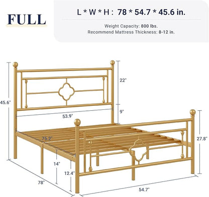 Allewie Full Size Metal Platform Bed Frame with Victorian Vintage Headboard and Footboard/Mattress Foundation/Under Bed Storage/No Box Spring Needed/Noise-Free/Easy Assembly, Gold - LeafyLoom