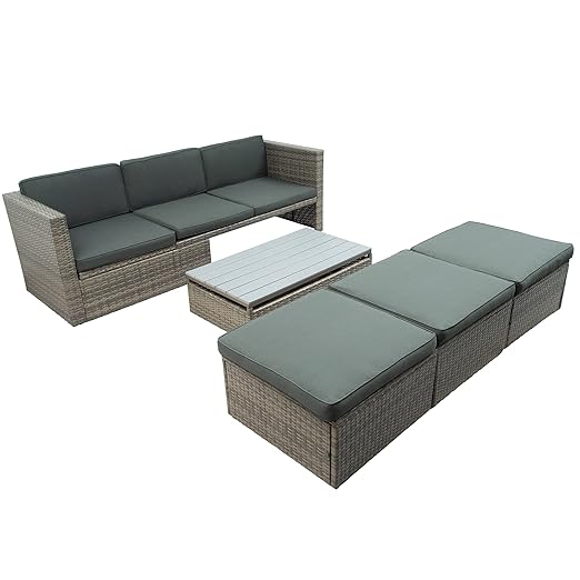 5 Pieces Outdoor Patio Sectional Sofa Couch, PE Wicker Furniture Conversation Sets with Adustable Backrest & Washable Cushions & Ottomans & Glass Coffee Table for Garden, Poolside, Backyard - LeafyLoom