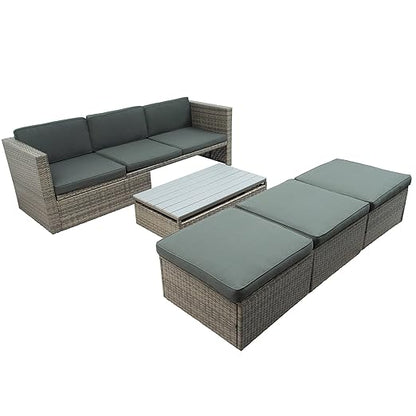 5 Pieces Outdoor Patio Sectional Sofa Couch, PE Wicker Furniture Conversation Sets with Adustable Backrest & Washable Cushions & Ottomans & Glass Coffee Table for Garden, Poolside, Backyard - LeafyLoom