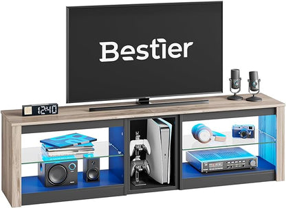 Bestier TV Stand for 70 inch TV, Gaming Entertainment Center for PS5, LED TV Cabinet with Glass Shelves for Living Room, 63'' Inch, Pinewood - LeafyLoom