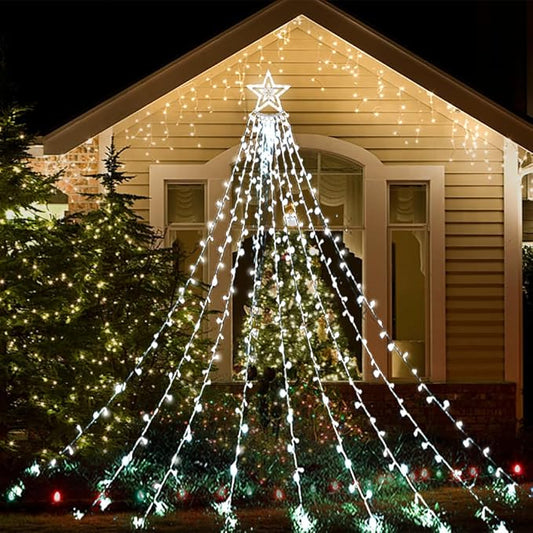 Aokudoni Christmas Decorations Outside, 12.6FT 350 LED 8 Modes Star Christmas Lights Outdoor, Christmas Lights for House Yard Porch Holiday Decoration, Cool White Aokudoni