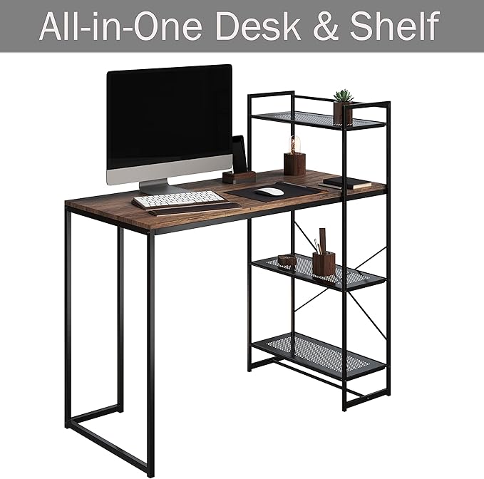 Lavish Home 80 BLT-SHF All-in-One Computer Desk with Shelves for Home Office, Bedroom, or Craft Table, Rustic Brown & Black - LeafyLoom