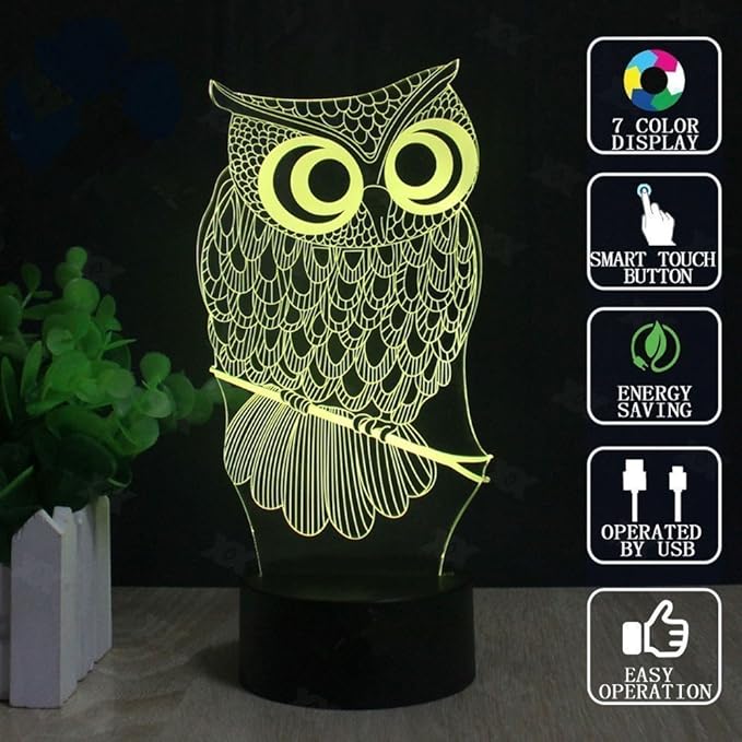 Elstey Owl 3D Illusion Lamp, 7 Color Changing Touch Table Desk LED Night Light Great Kids Gifts Home Decoration - LeafyLoom