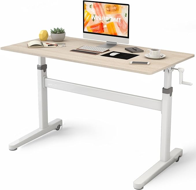 Manual Standing Desk Adjustable Height- Crank Mobile Standing Desk 55 x 24 Inches Sit Stand Desk Frame & Top, Stand Up Desk on Wheels, Computer Desk White Frame & Maple - LeafyLoom