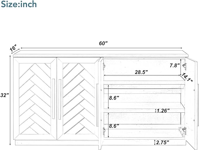 Wooden Sideboard with 4 Doors Large Storage Space,Buffet Cabinet,W/Adjustable Shelves and Silver Handles,Wear-Resistant Performance,for Kitchen,Dining Room,Hallway,White, 60" - LeafyLoom