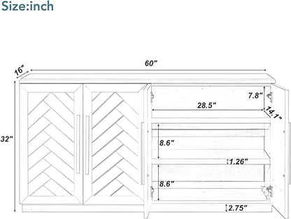 Wooden Sideboard with 4 Doors Large Storage Space,Buffet Cabinet,W/Adjustable Shelves and Silver Handles,Wear-Resistant Performance,for Kitchen,Dining Room,Hallway,White, 60" - LeafyLoom