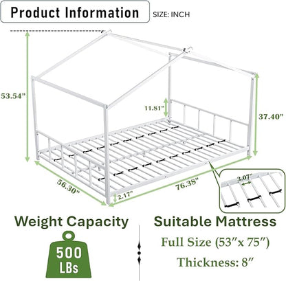 Full Size Montessori Floor Bed with Roof Design for Kids Bedroom,House Bedframe for Small Space,Easy Assembly & No Box Spring Needed, White - LeafyLoom