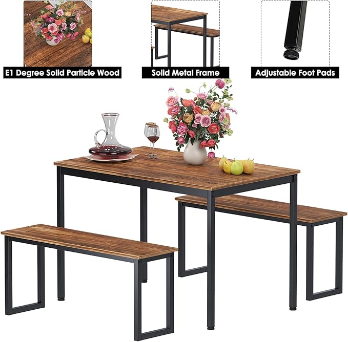 sogesfurniture Dining Table with Two Benches / 3 Piece Set Wood Table Top Sturdy Metal Frame Construction, Dining Table Set for Small Spaces Home Furniture Rectangular Modern - LeafyLoom