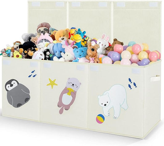 Large Toy Box Storage Chest,Sturdy Toys Storage Organizer Bin Basket with Dividers and Lids for Toddlers,Boys,Girls,Nursery,Closet,Living Room Area,Playroom(Beige Animals) - LeafyLoom