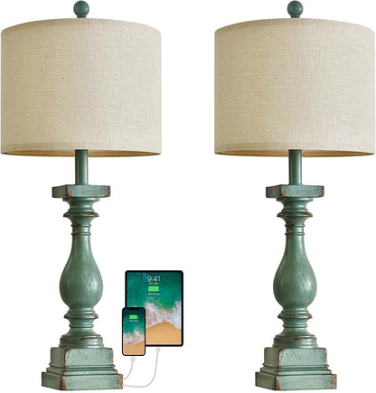 BOBOMOMO 27" Farmhouse Table Lamp Set of 2 with USB A+C for Bedroom Living Room Vintage Rustic Traditional Nightstand Bedside Lamps Retro Side Table Lamps (Green) - LeafyLoom