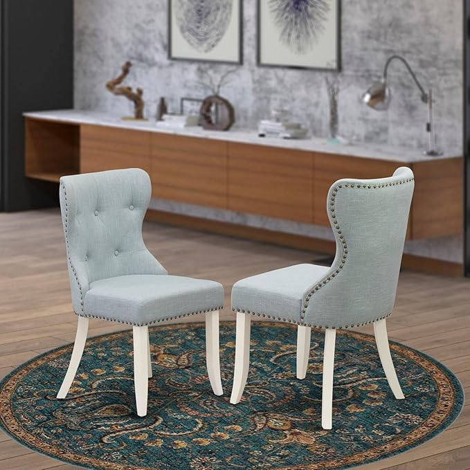 East West Furniture SIP2T15 Sion Parson Kitchen Button Tufted Nailhead Trim Baby Blue Fabric Upholstered Dining Chairs, Set of 2, Linen White - LeafyLoom