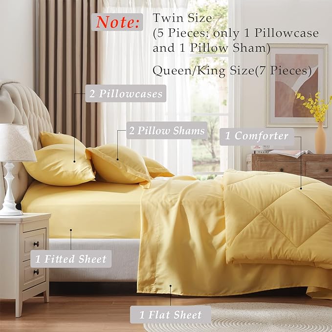 NexHome Yellow King Bed in a Bag 7-Pieces Comforter Sets with Comforter and Sheets Soft All Season Bedding Sets with Comforter, Pillow Shams, Flat Sheet, Fitted Sheet and Pillowcases - LeafyLoom