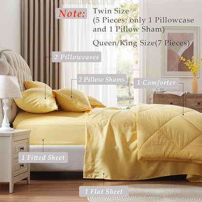 NexHome Yellow King Bed in a Bag 7-Pieces Comforter Sets with Comforter and Sheets Soft All Season Bedding Sets with Comforter, Pillow Shams, Flat Sheet, Fitted Sheet and Pillowcases - LeafyLoom