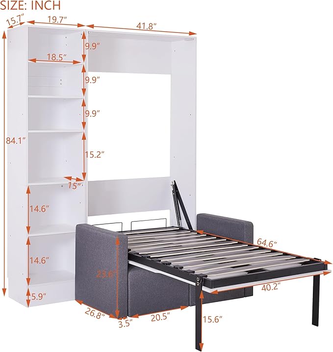 Merax Twin Size Murphy Bed Wallbed with Sofa and Side Storage Shelves,Space Saving,for Guest Living Room - LeafyLoom