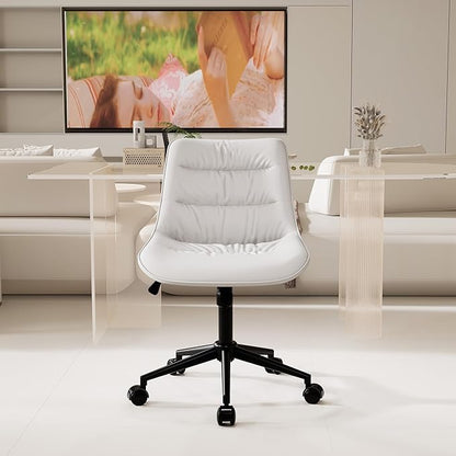 Kidol & Shellder Armless Office Chair Desk Chair Comfy Makeup Vanity Chair with Back Ergonomic Swivel Chair Home Office Desk Chairs with Wheels Rolling Computer Chair Bedroom Accent Chair(White) - LeafyLoom