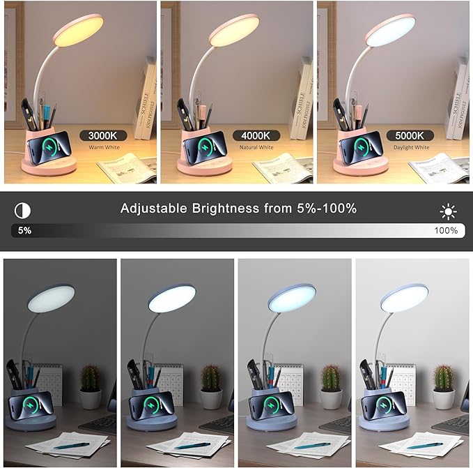 comzler LED Desk Lamp with Wireless Charger Pen Phone Holder, Blue Desk Lamp for Home Office, Dimmable Desk Light 3 Color Modes, College Dorm Study Lamp for College Dorm, CRI 90 800 Lumen - LeafyLoom