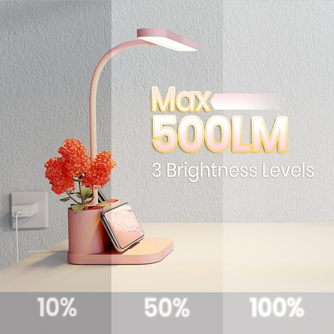 AXX Pink Desk Lamp for Home Office, Cute Desk Lamps for Bedrooms, Kawaii, Dimmable LED, Flexible Gooseneck, Pen Holder, Touch Control, Room College Dorm Essentials for Teen Girls Kids - LeafyLoom