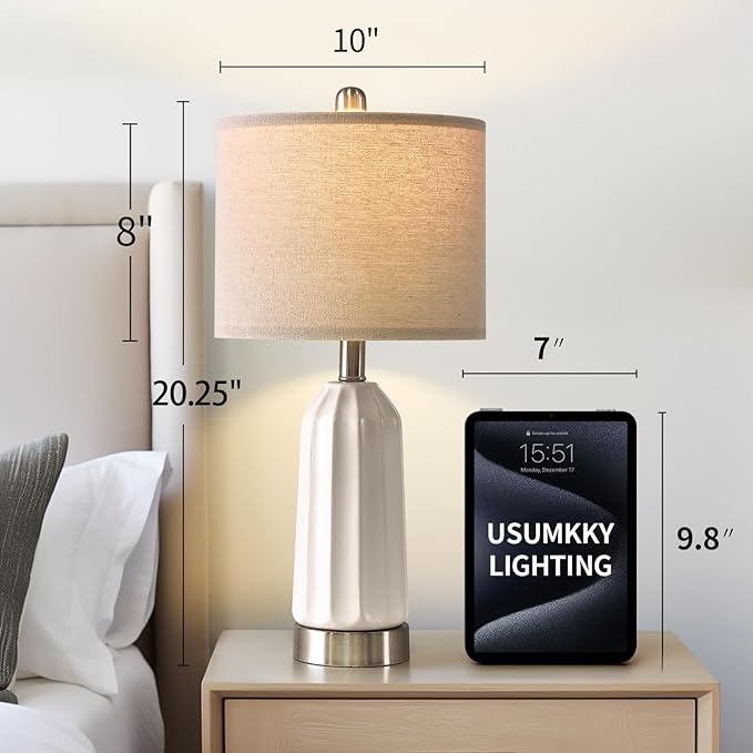 20.25" - Modern Ceramic Bedside Lamp with USB C+A Charging Ports, Table Lamp for Living Room, Bedroom, Nightstand Lamp, Farmhouse Table Lamp (White)-Single - LeafyLoom