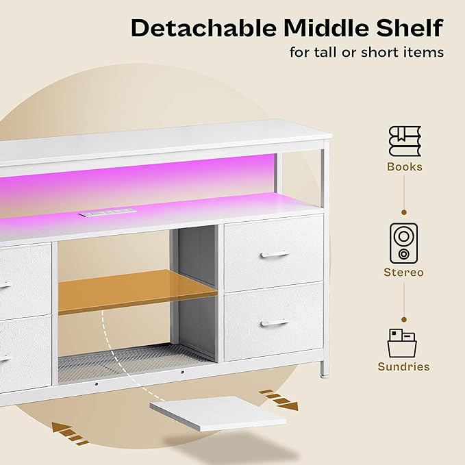 TV Stand Dresser with Power Outlets and LED Lights, 4 Drawers Entertainment Center with Shelves, 54 Inch Media Console for 55 60 Inch TV, 4 AC Outlets, 2 USBs, Dresser with PU Finish, White - LeafyLoom