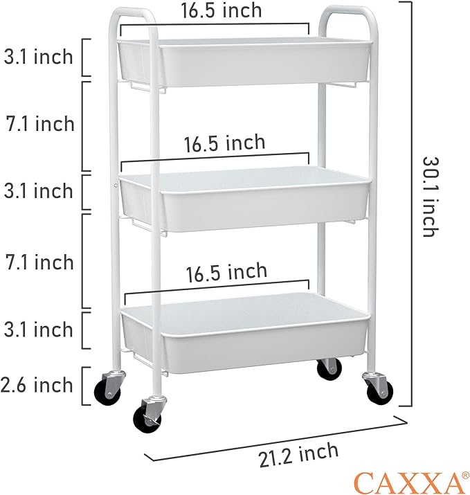 CAXXA 3-Tier Rolling Metal Storage Organizer - Mobile Utility Cart Kitchen Cart with Caster Wheels, White - LeafyLoom