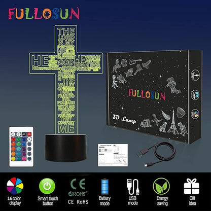 FULLOSUN Jesus Cross 3D Night Light, Christ Optical Illusion Lights 16 Colors Change with Remote Control, The Lord Desk Lamps Room Home Decor Xmas Birthday Easter Gifts - LeafyLoom