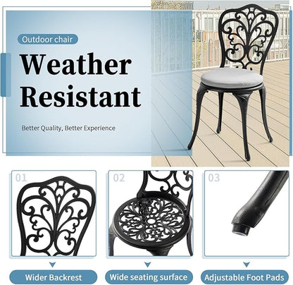 3 Piece Bistro Patio Set Cast Aluminum Bistro Table and Chairs Set of 2 with Cushion,Outdoor Bistro Table Set with Umbrella Hole,Metal Patio Furniture Set for Garden,Black - LeafyLoom