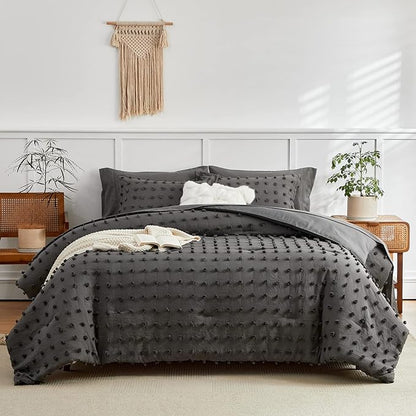 7 Pieces Tufted Dots Bed in a Bag King Comforter Set with Sheets Grey , Soft and Embroidery Shabby Chic Boho Comforters, Solid Color with Pom Pom Design, Jacquard Tufts Bedding Set for All Season - LeafyLoom