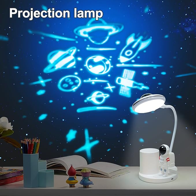 LED Desk Lamp for Kids, Astronaut cute Small Desk Lamp with USB Charging Port, Pen Holder, projection night lights for kids, White desk Lamp, Eye-Caring Study Table Lamp for boys Bedroom - LeafyLoom