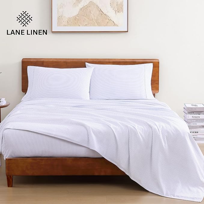 LANE LINEN 100% Organic Cotton Twin XL Sheets Set 3-Piece Pure Percale Bedsheets Bedding Breathable Fits Mattress Upto 15" Deep - Blue Ticking Stripe - LeafyLoom