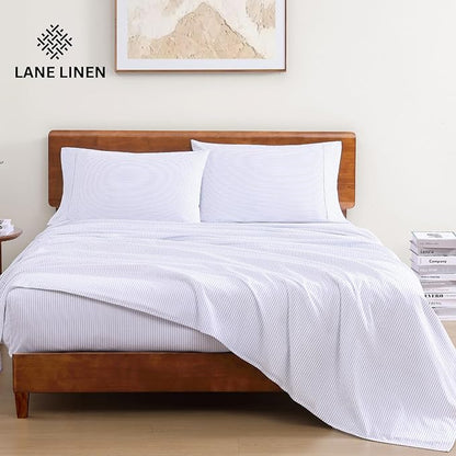 LANE LINEN 100% Organic Cotton Twin XL Sheets Set 3-Piece Pure Percale Bedsheets Bedding Breathable Fits Mattress Upto 15" Deep - Blue Ticking Stripe - LeafyLoom