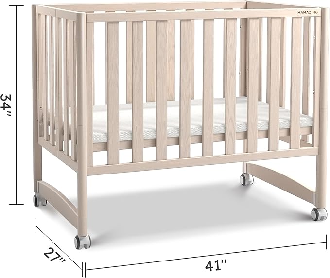 EvoNook 7-in-1 Convertible Mini Crib - Washed White, Portable Folding Baby Mini Crib with 1.5 Inch Mattress, 100% New Zealand Pinewood, 4 Adjustable Mattress Heights - LeafyLoom