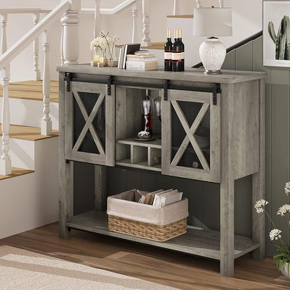 IDEALHOUSE Buffet Storage Cabinet Farmhouse Wine Cabinet Coffee Bar Table with Wine Glass Rack and Storage, Wood Buffets and Sideboards with Barn Mesh Door for Kitchen, Dining, Living Room - LeafyLoom