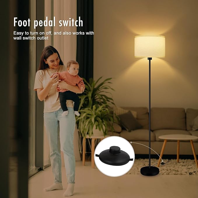 Floor Lamps for Living Room, Modern Standing Lamp with 3 Color Temperatures(9W Bulb), White Linen Lampshade, Foot Switch, Simple Reading Floor Lamps Tall Lamps for Bedroom/Office/Nightstand/Classroom - LeafyLoom