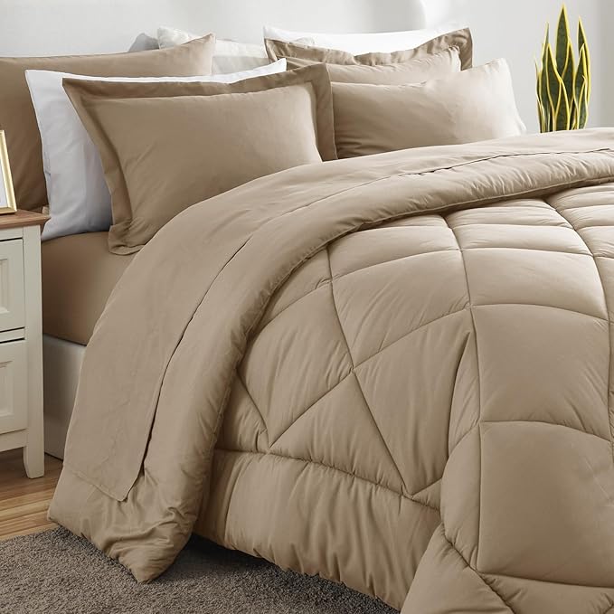 CozyLux Full Comforter Set with Sheets 7 Pieces Bed in a Bag Taupe All Season Bedding Sets with Comforter, Pillow Shams, Flat Sheet, Fitted Sheet and Pillowcases - LeafyLoom