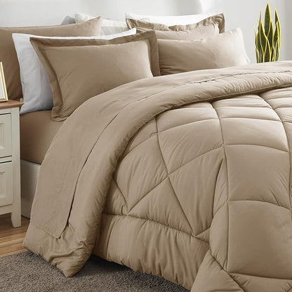 CozyLux King Comforter Set with Sheets 7 Pieces Bed in a Bag Taupe All Season Bedding Sets with Comforter, Pillow Shams, Flat Sheet, Fitted Sheet and Pillowcases - LeafyLoom