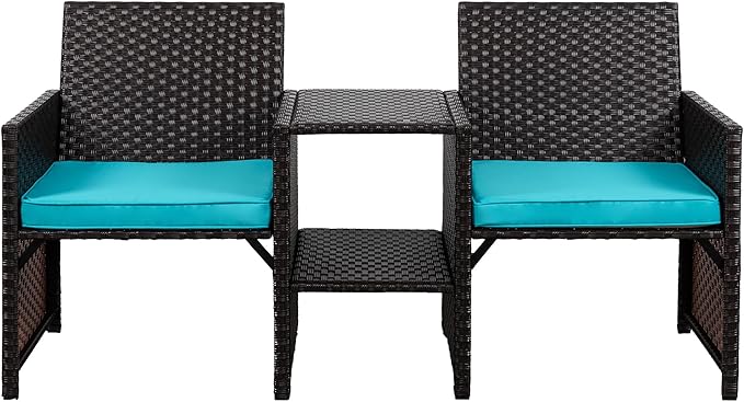 Shintenchi Wicker Patio Conversation Furniture Set with Detachable Chairs & Table and Two Removable Cushions,Rattan Wicker Lover Chair for Patio,Garden, Courtyard and Lawn Backyard (Blue) - LeafyLoom