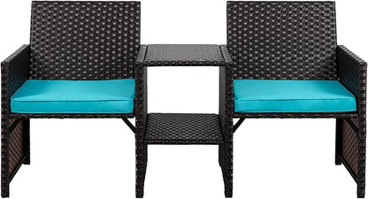 Shintenchi Wicker Patio Conversation Furniture Set with Detachable Chairs & Table and Two Removable Cushions,Rattan Wicker Lover Chair for Patio,Garden, Courtyard and Lawn Backyard (Blue) - LeafyLoom