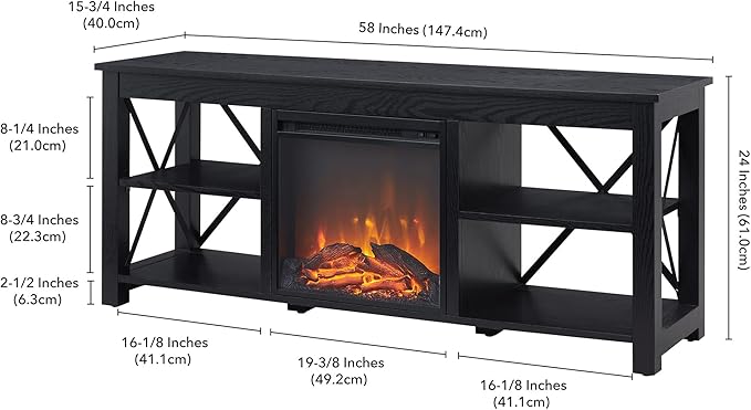 Henn&Hart Rectangular TV Stand with Log Fireplace for TV's up to 65" in Black, TV Stands for the Living Room - LeafyLoom