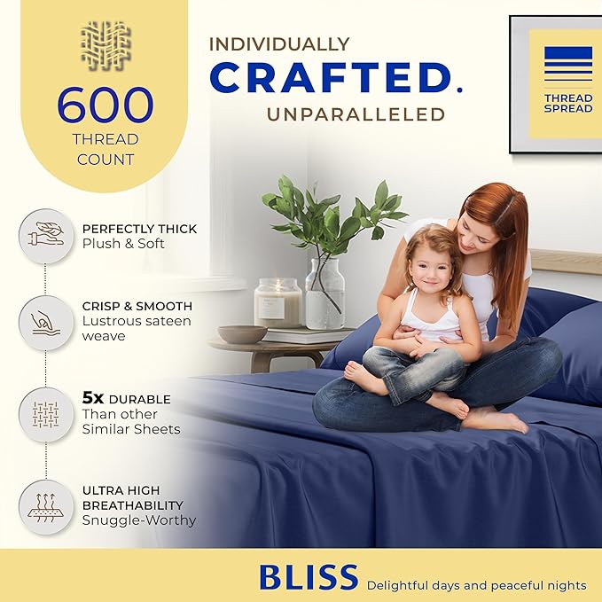 THREAD SPREAD 100% Egyptian Cotton Sheets California King Size - 600 Thread Count 4 PC Luxury Sheets Cal King Size, Soft, Cooling Hotel Luxury Sheets & Pillowcases, Fits Mattress upto 18" - Navy Blue - LeafyLoom